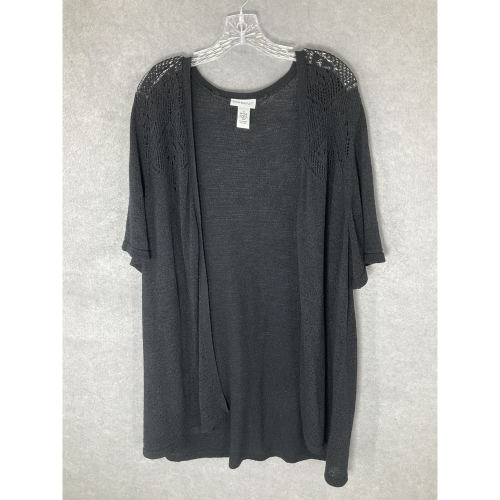 Catherines Cardigan Womens Sz 1X Black Knit Open‎ Front Short Sleeve Sweater